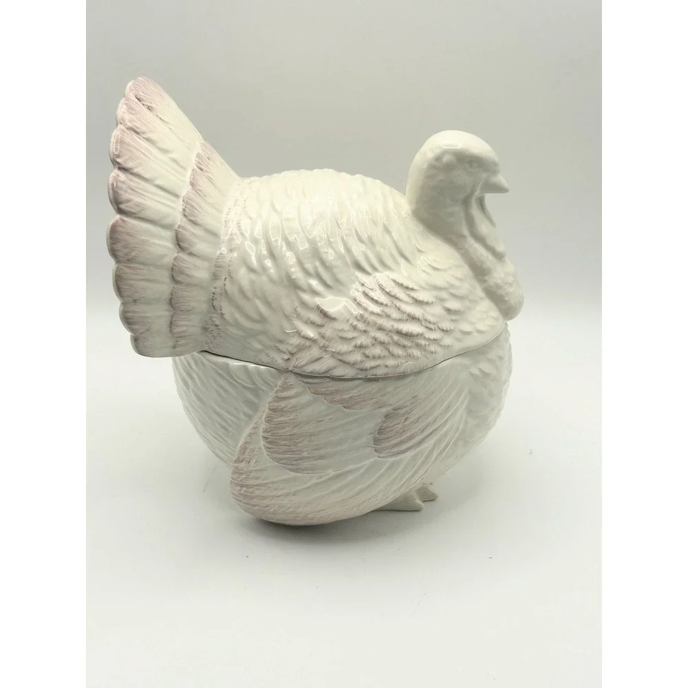 Ceramic Turkey Gravy Boat Lidded Tureen White with Purple Accents Thanksgiving